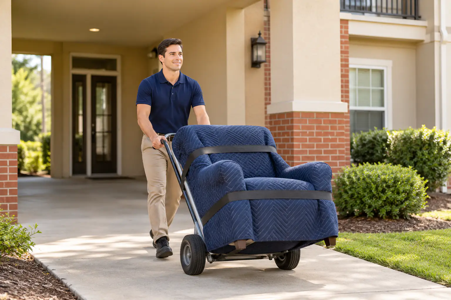 Apartment moving service transporting a protected armchair in La Vergne, TN