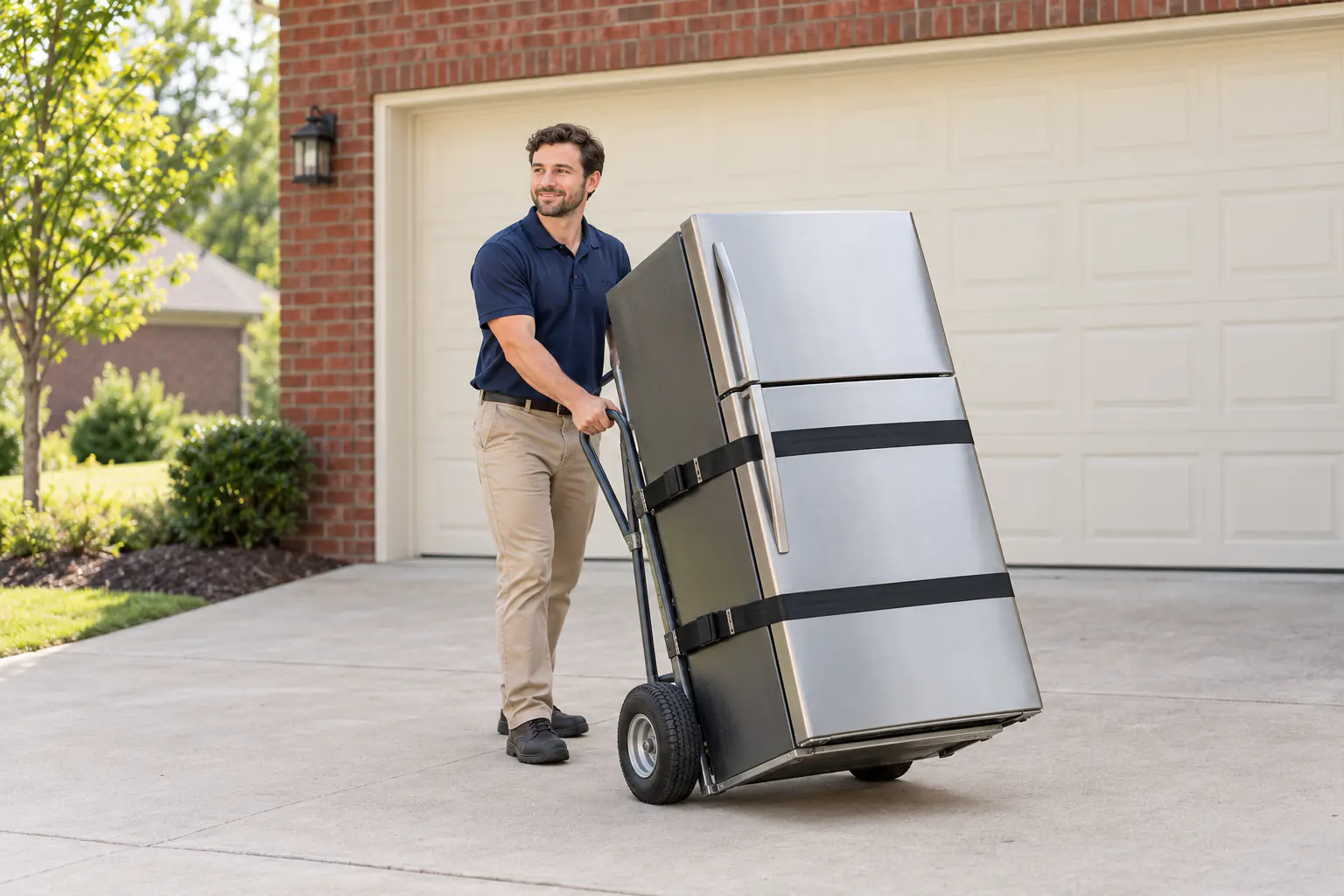 Appliance moving service transporting a secured refrigerator in La Vergne, TN