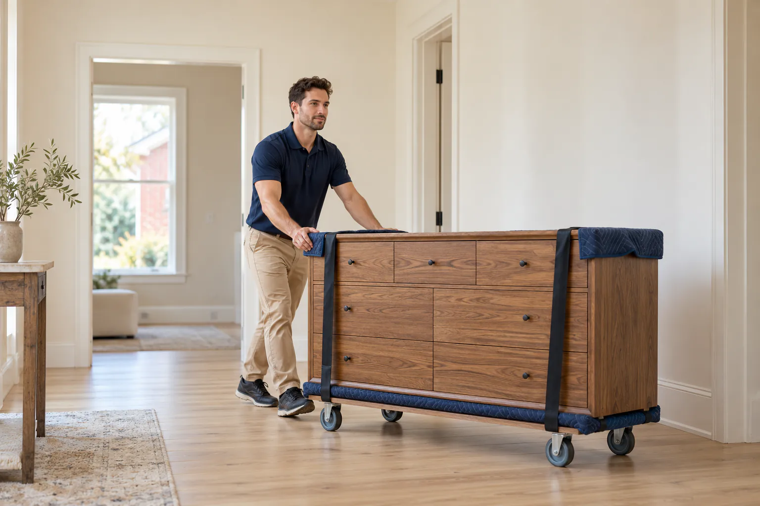 Furniture moving service transporting a protected wooden dresser in La Vergne, TN