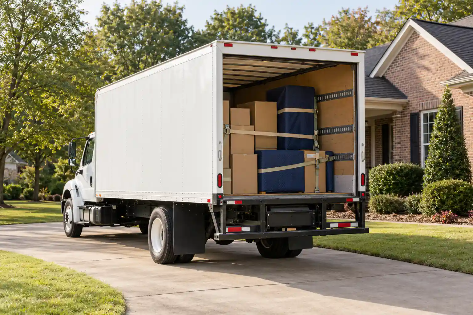 Moving truck with secured boxes and protected furniture in La Vergne, TN