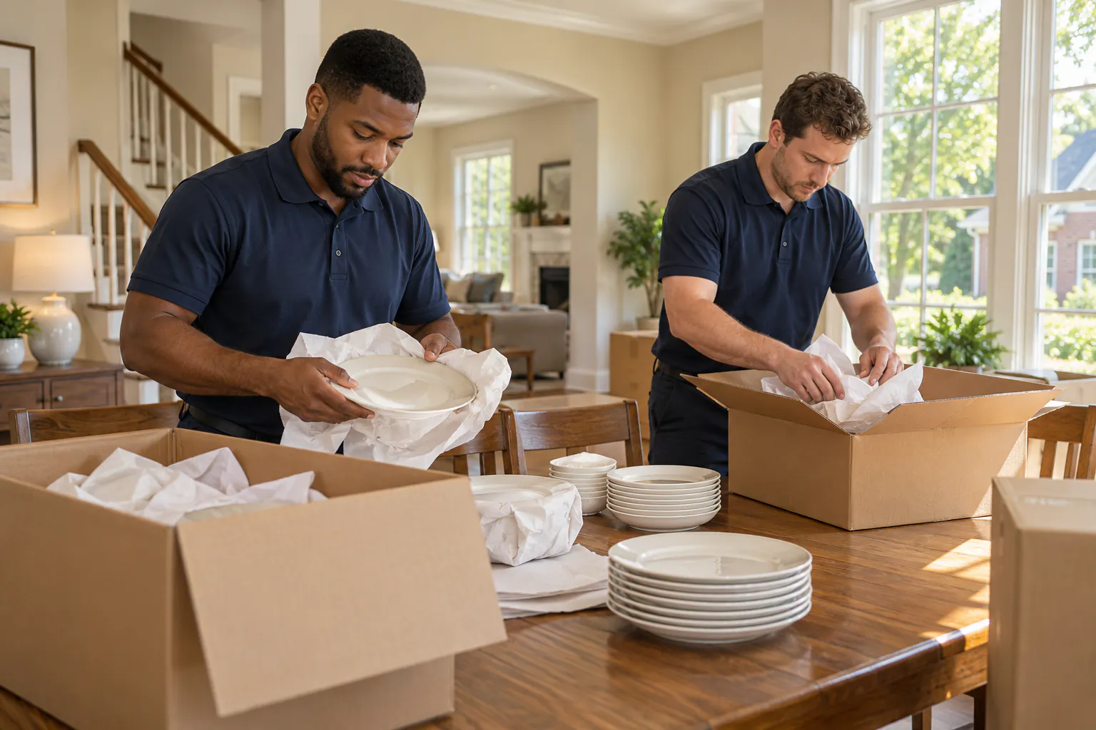 Movers carefully packing dishes in a La Vergne, TN kitchen