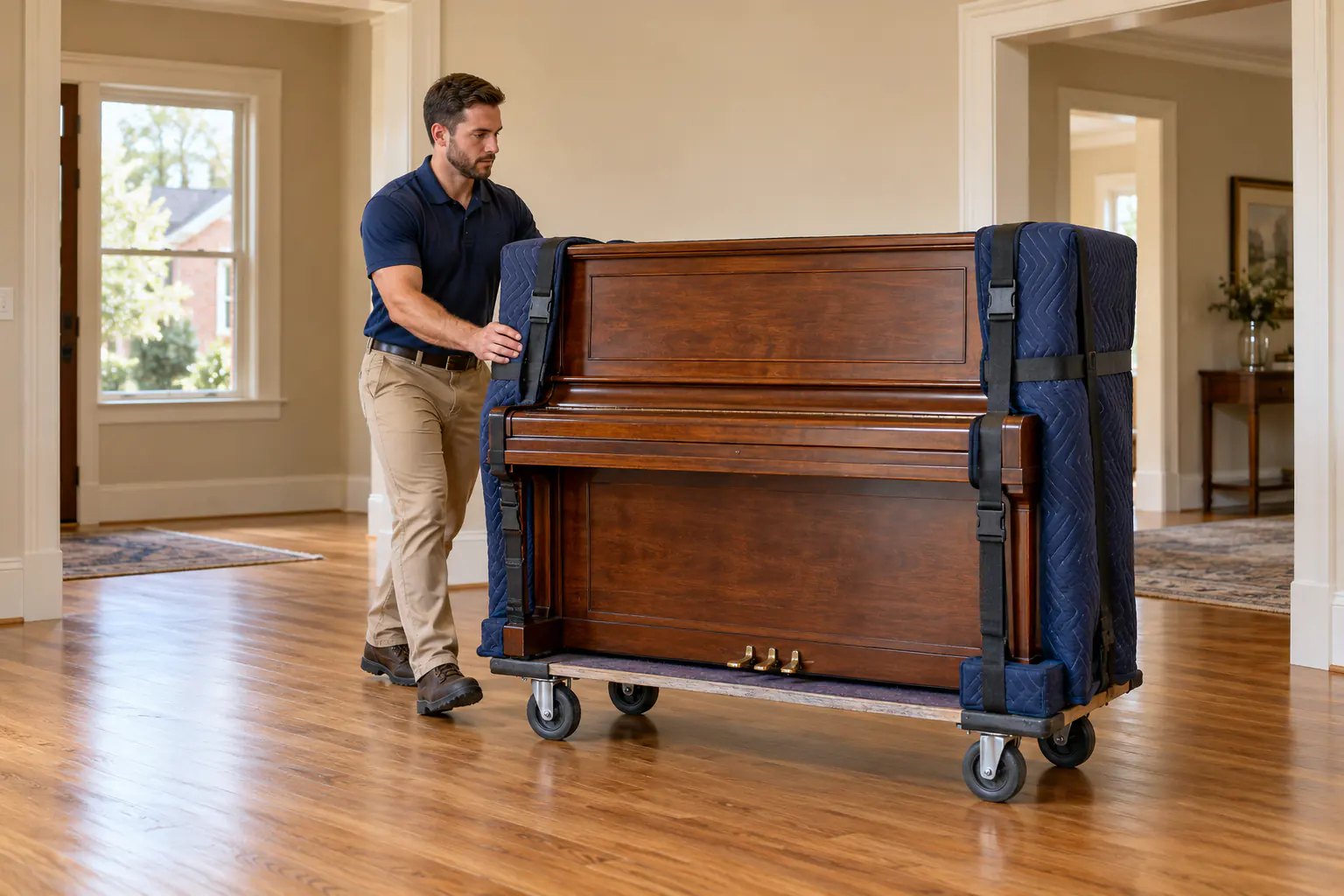 Movers transporting a protected upright piano in La Vergne, TN