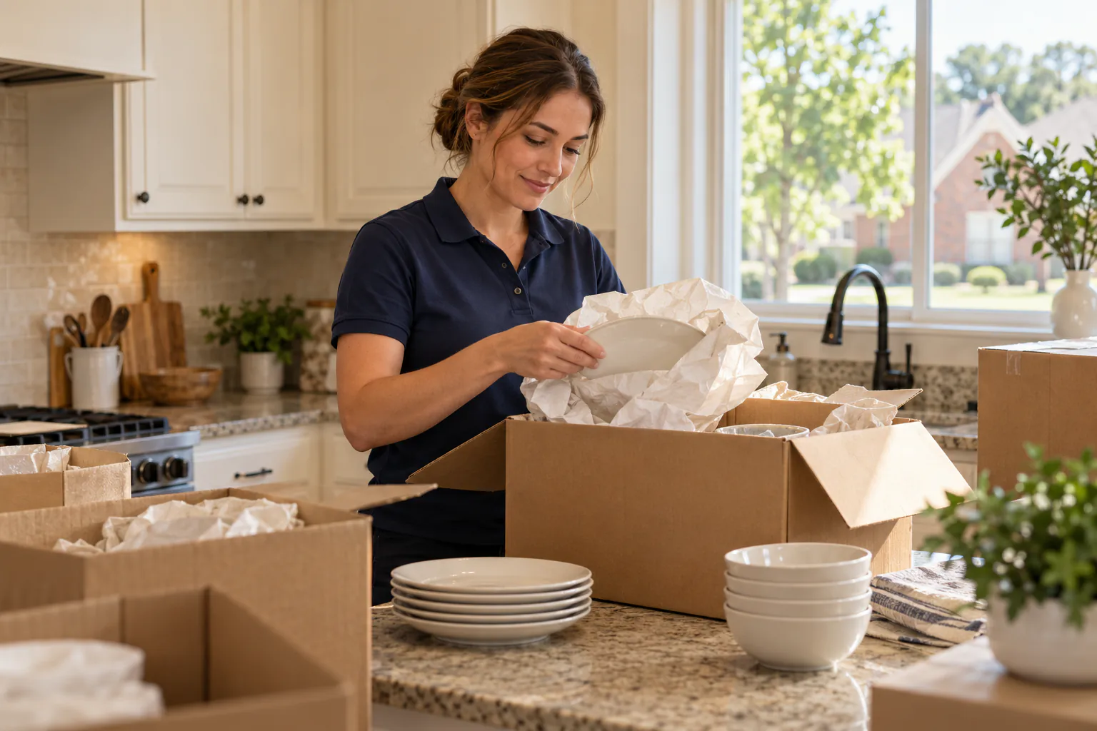 Unpacking dishes in a La Vergne, TN kitchen